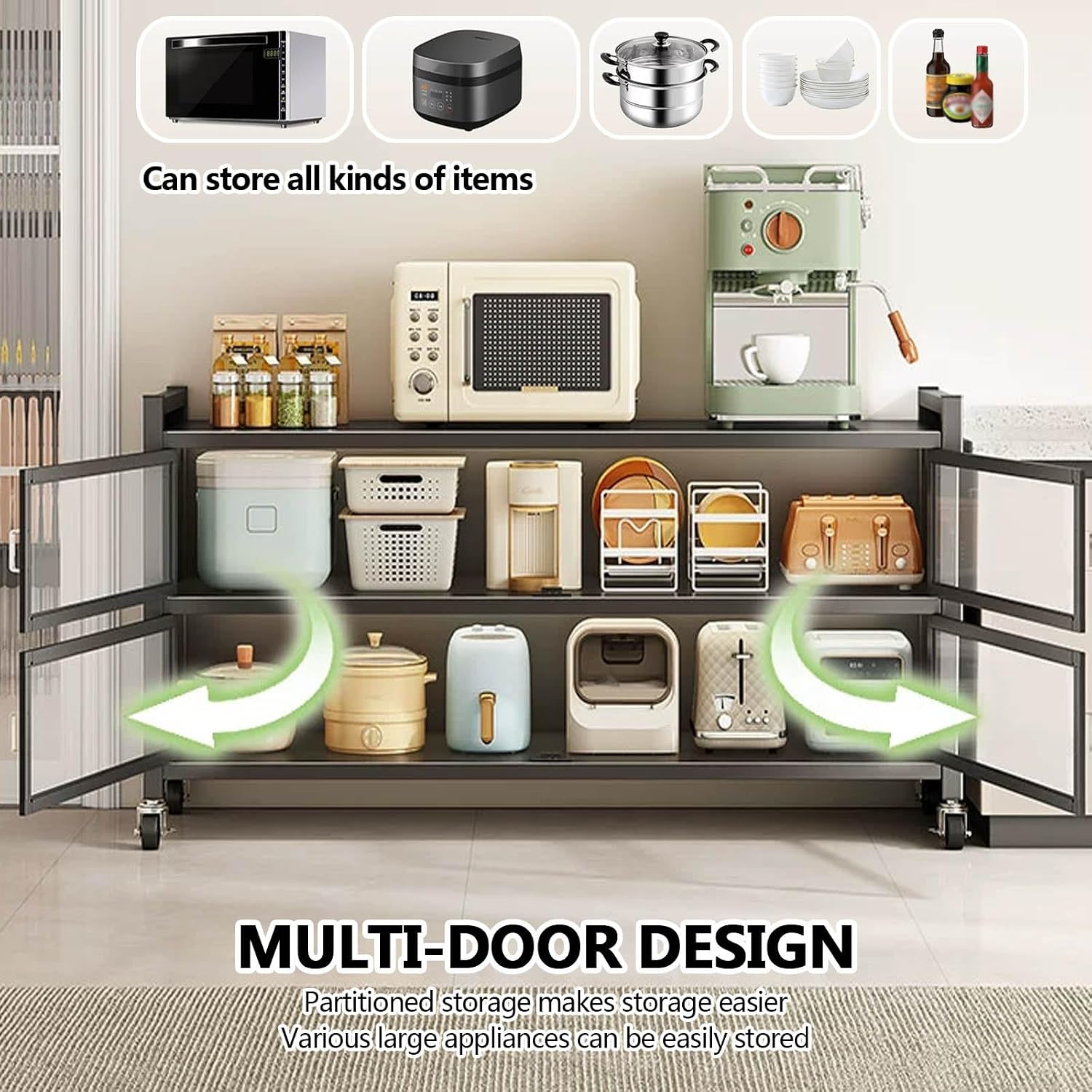 Modern Kitchen Pantry Storage Cabinet with Wheels, Farmhouse Kitchen Hutch Cabinet, Kitchen Hutch with Microwave Stand, Sideboard with Glass Door, for Kitchen,Dining Room,Living Room.(60cm)