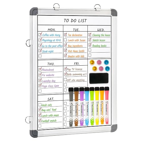 LUCYCAZ Weekly Dry Erase Board, 16" x 12" Magnetic Dry Erase Board for Wall, Hanging Double-Sided to Do List Whiteboard, Small Weekly Planning Board for School, Home, Office
