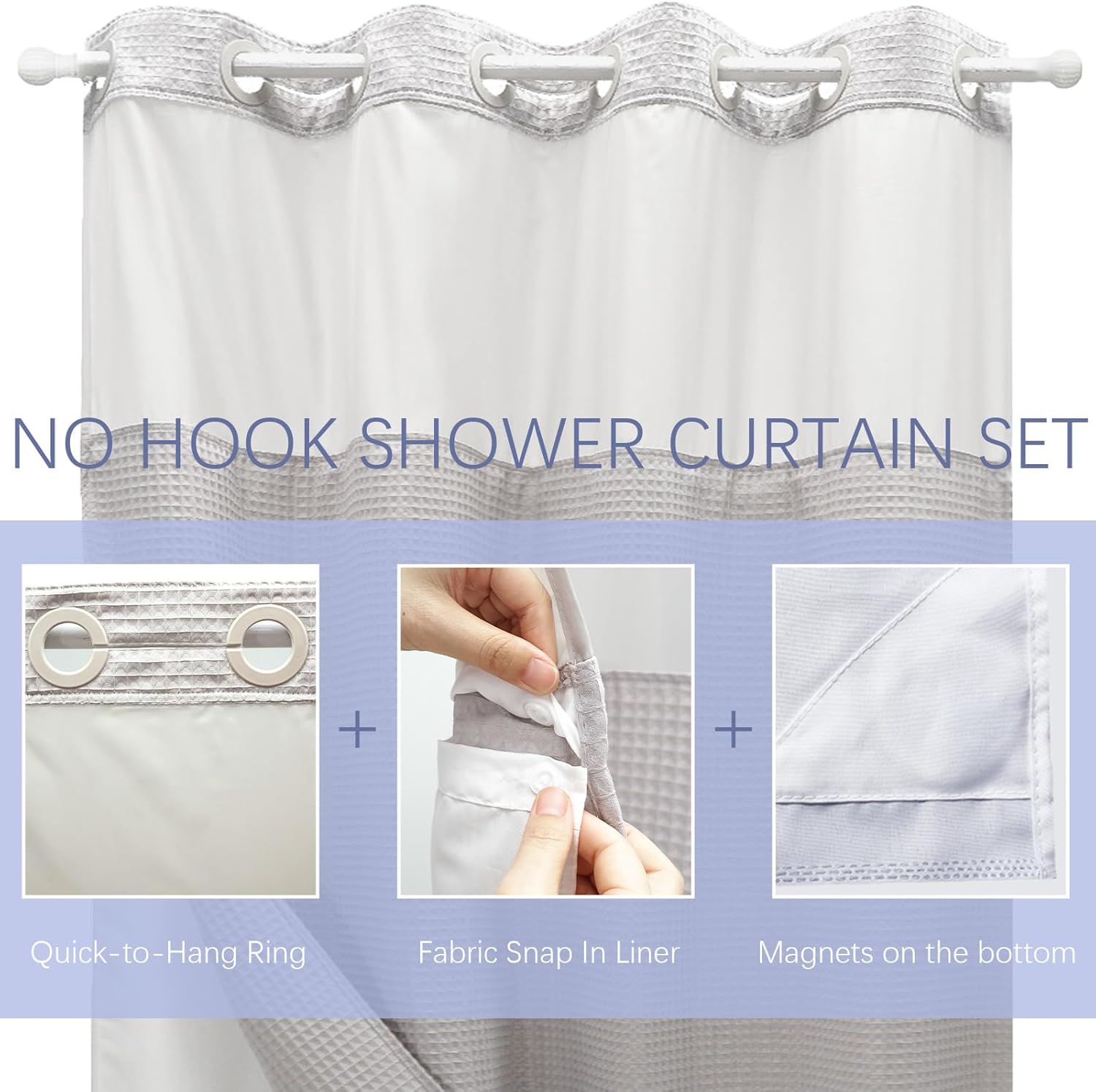 VIUOON No Hook Shower Curtain Set with Snap in Fabric Liner, 250GSM Waffle Weave Light Gray Hotel Grade Bath Shower Curtain - See Through Top Window, Waterproof & Washable, 54W x 80H