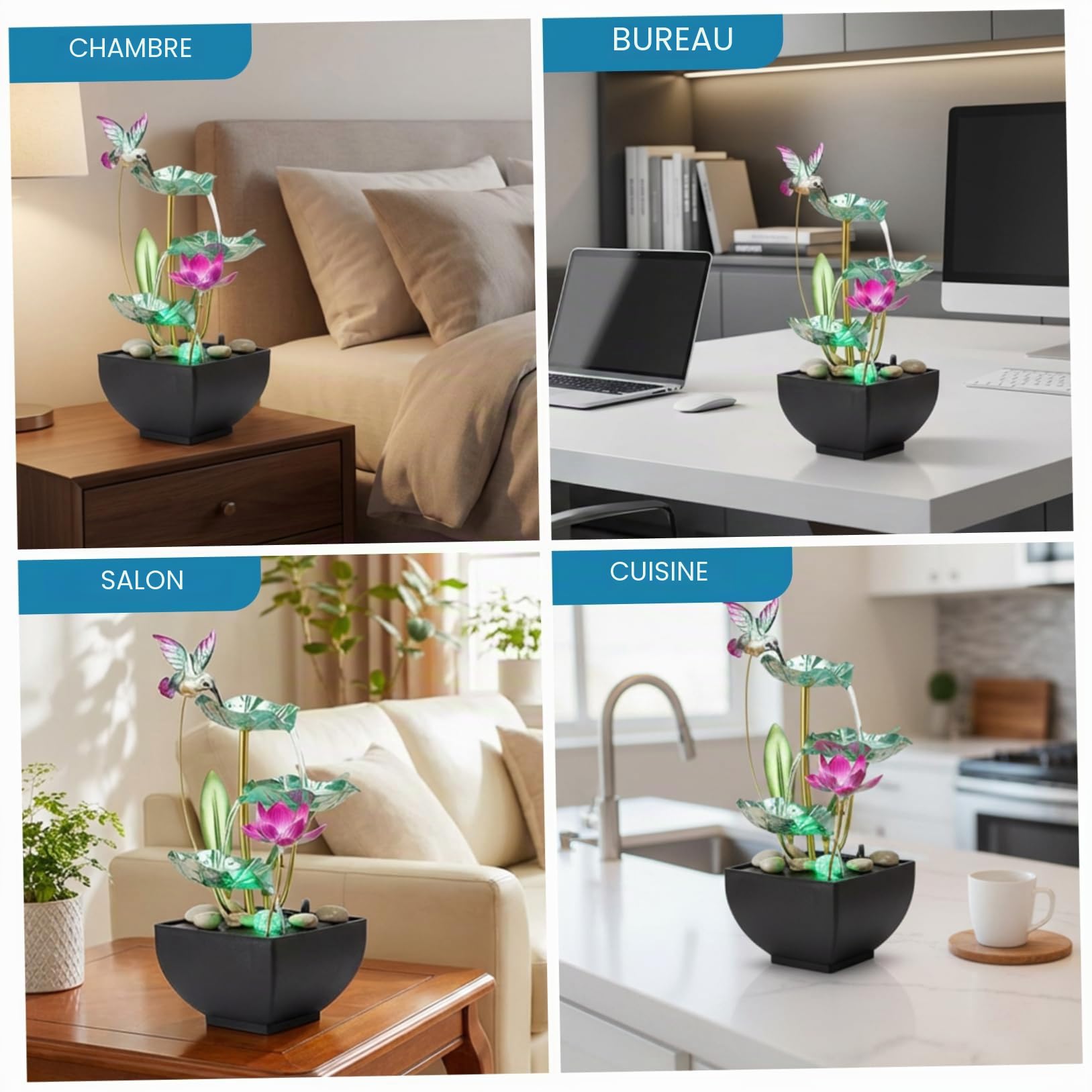 Fontaine à eau de table avec lumières, 3 niveaux en forme de feuille avec rochers, fontaines à eau d'intérieur pour la maison, le bureau, la chambre à coucher, style 2