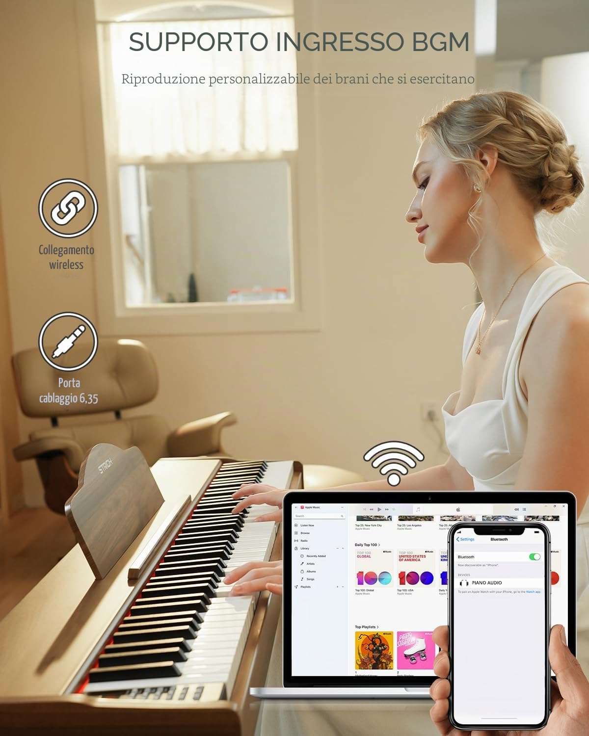 STRICH Pianoforte digitale a 88 tasti, tastiera ponderata con azione a martello, tastiera pianoforte elettrico a grandezza naturale con supporto mobile, altoparlanti 25 W x 2, supporta connessione
