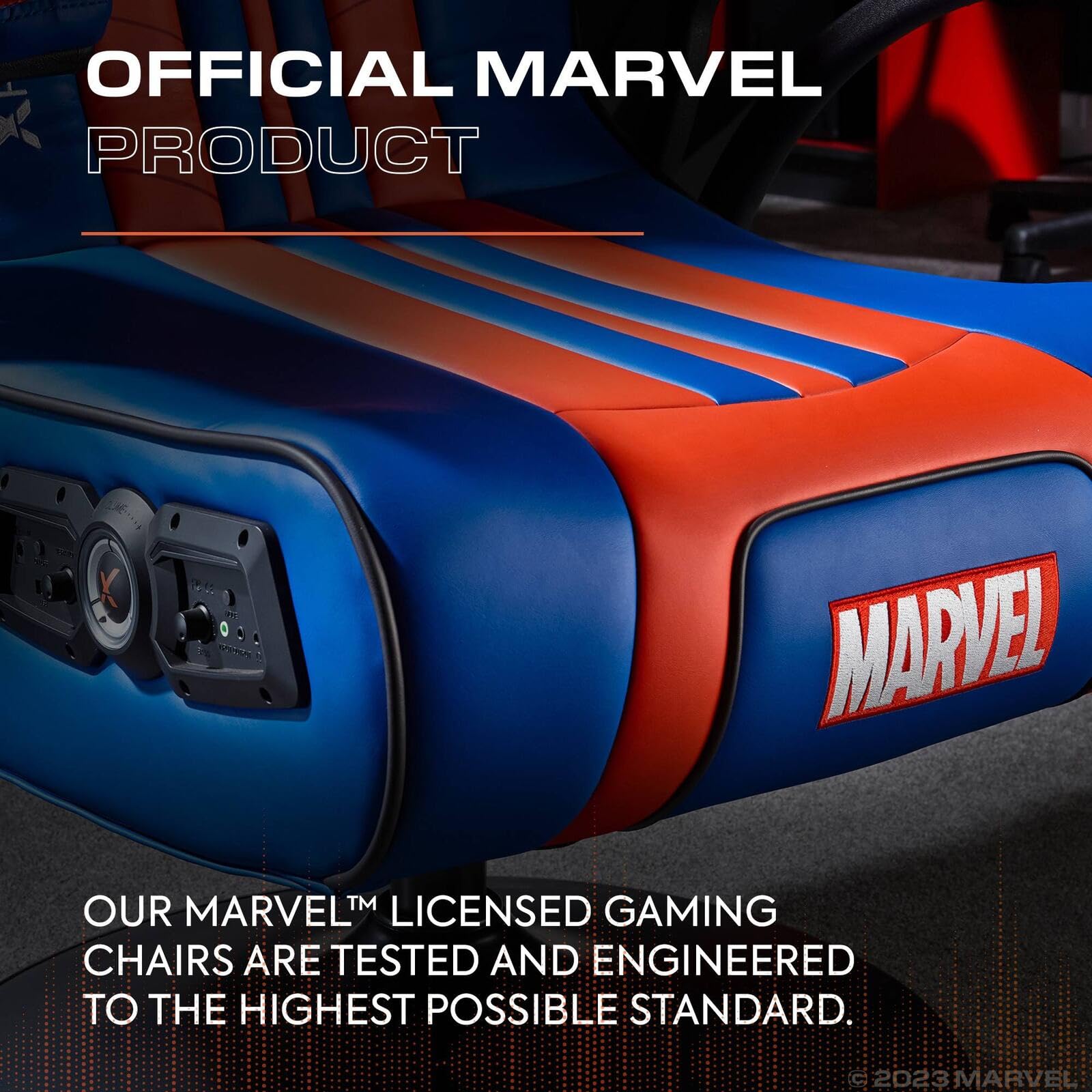 X-Rocker Silla oficial de Marvel Spider-Man, pedestal de audio plegable con altavoces Bluetooth, vibración reactiva, asiento de juego para niños y jóvenes, edición Elite
