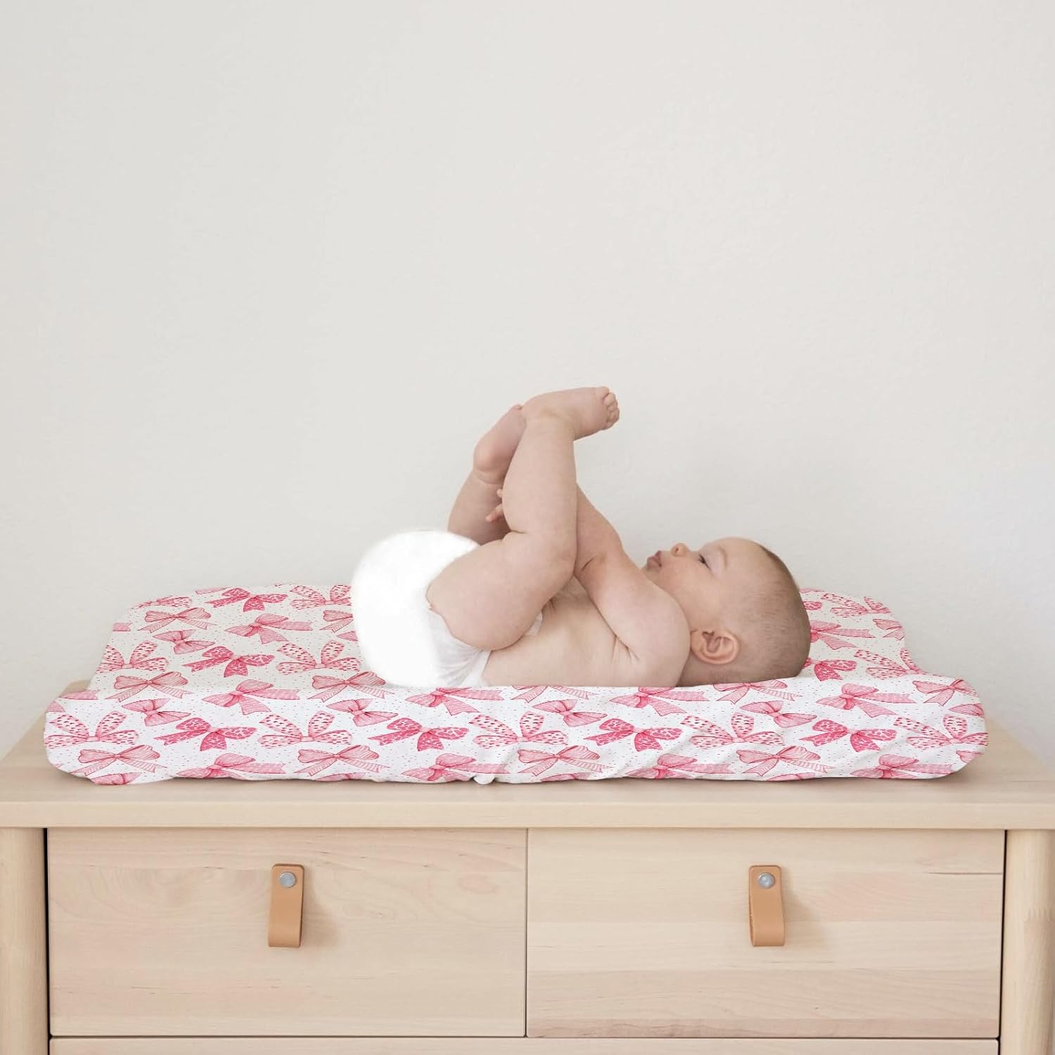 Pink Valentine's Bows Baby Changing Pad Covers for Girls 32''x16'' Girly Pink Hair Bows Fitted Diaper Change Table Pad Mats Valentine Hearts Love Soft Breathable Nursery Cradle & Bassinet Sheets Pink