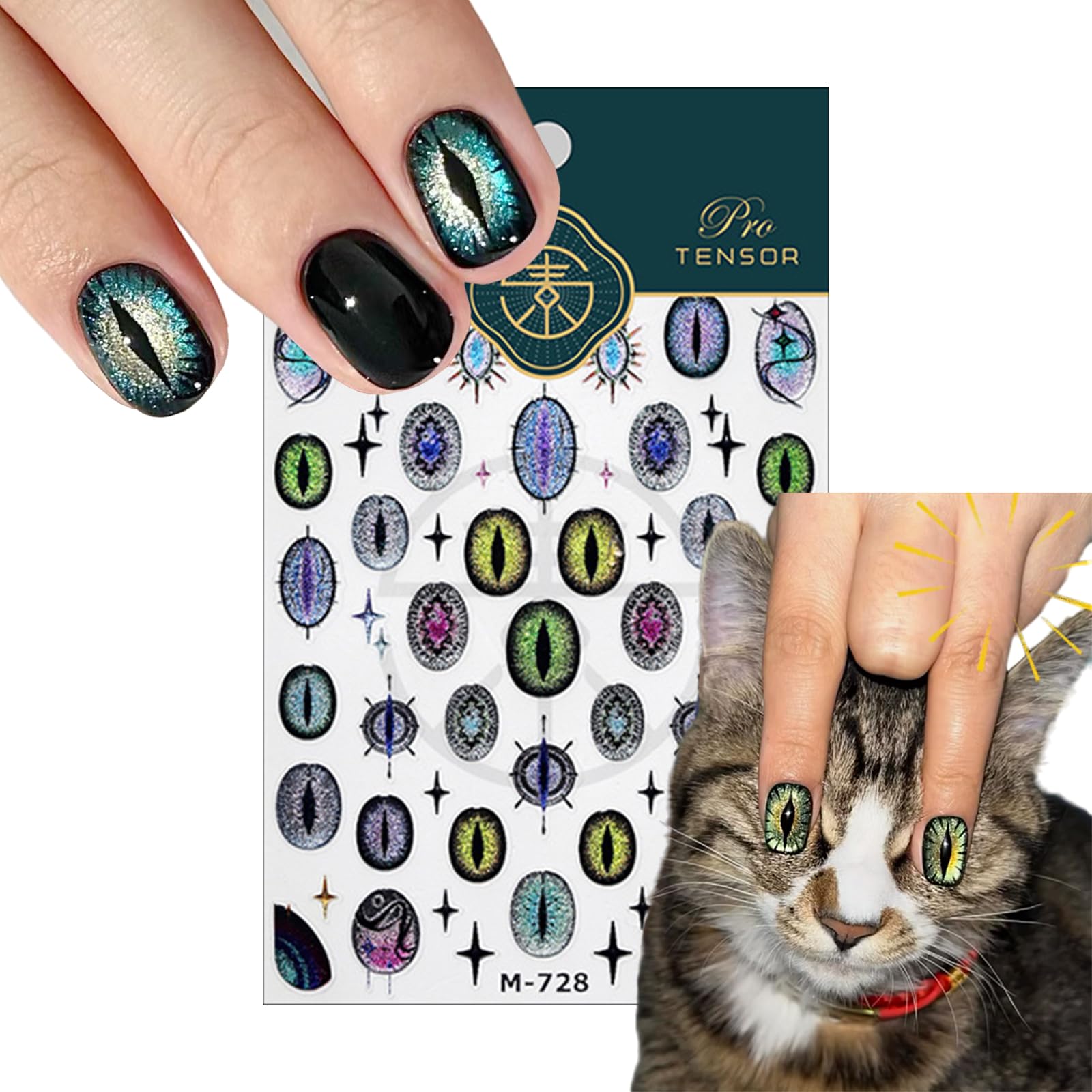 Cute Cat Nail Art Stickers Evil Eye Nail Decals Bling Glitter Gradient 5D Embossed Self-Adhesive Colorful Lovful Cat Horror Demon Eyes Star Nails