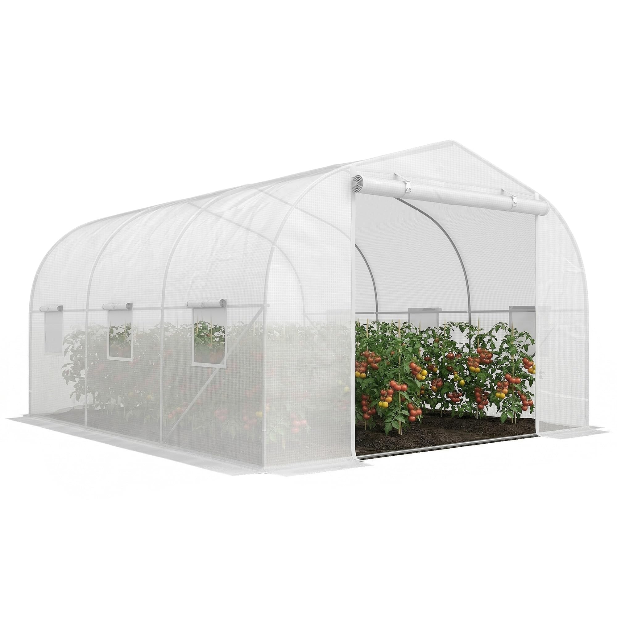 Outsunny Serre de Jardin Serre Tunnel de Jardin dim. 3,5L x 3l x 2H m Porte + 6 fenêtres enroulables Acier galvanisé bâche PE Haute densité Blanc