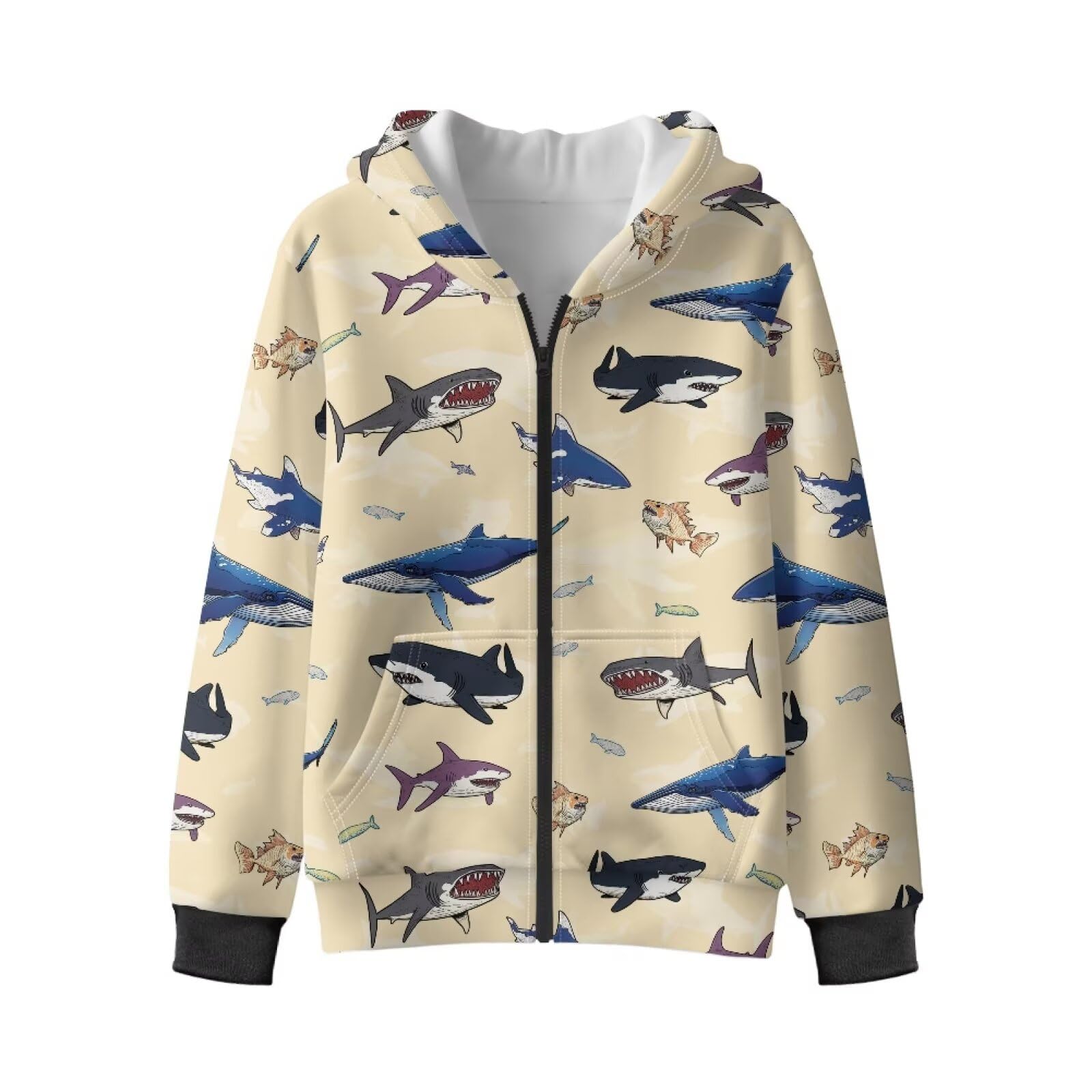 Xoenoiee Dziecięce bluzy z kapturem dla chłopców, zapinana na zamek, bluza 3D, fajna grafika zwierzęca, sweter z długim rękawem, top na jesień i zimę, Beżowe rekiny, 6-8 Years