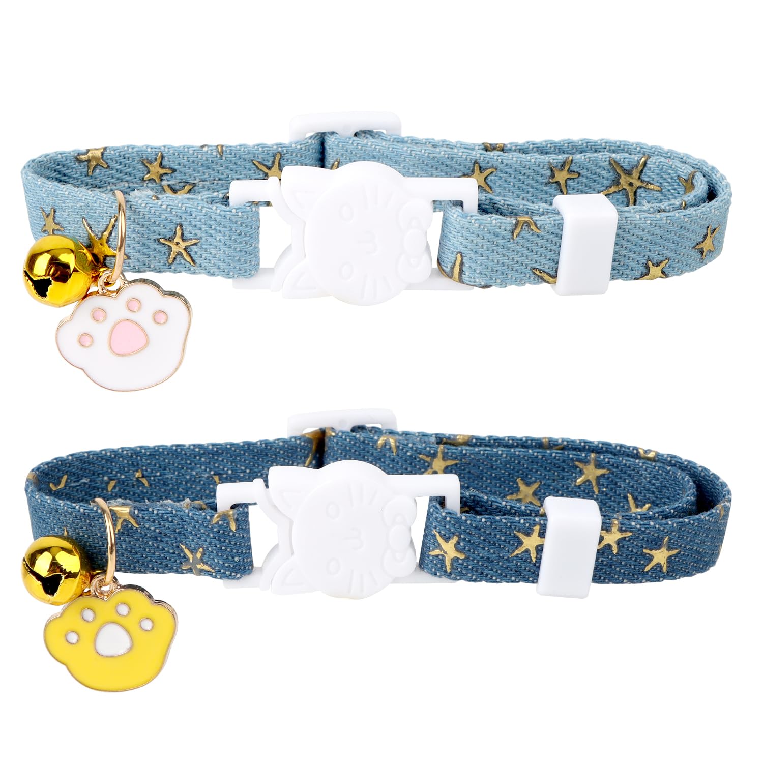 MOTIBACK 2PCS Cat Collar with Bell, Star Pet Kitten Collar Cat Paw Pendant, Quick Release Cat Collar with Bells for Small Medium Cats Kitten (Blue)