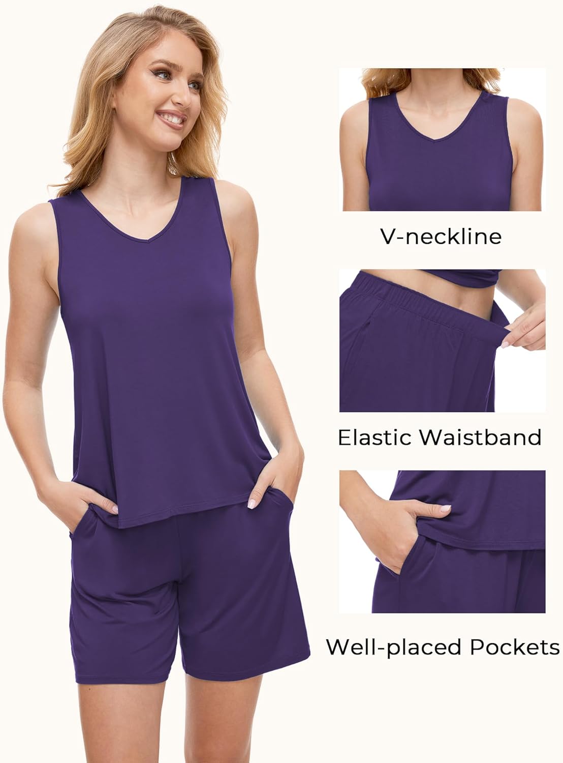 GYS Bamboo Viscose Pajamas for Women Set, Sleeveless Tank Top and Sleep Shorts, Summer Lightweight Lounge Sleepwear Pjs Set - Image 4