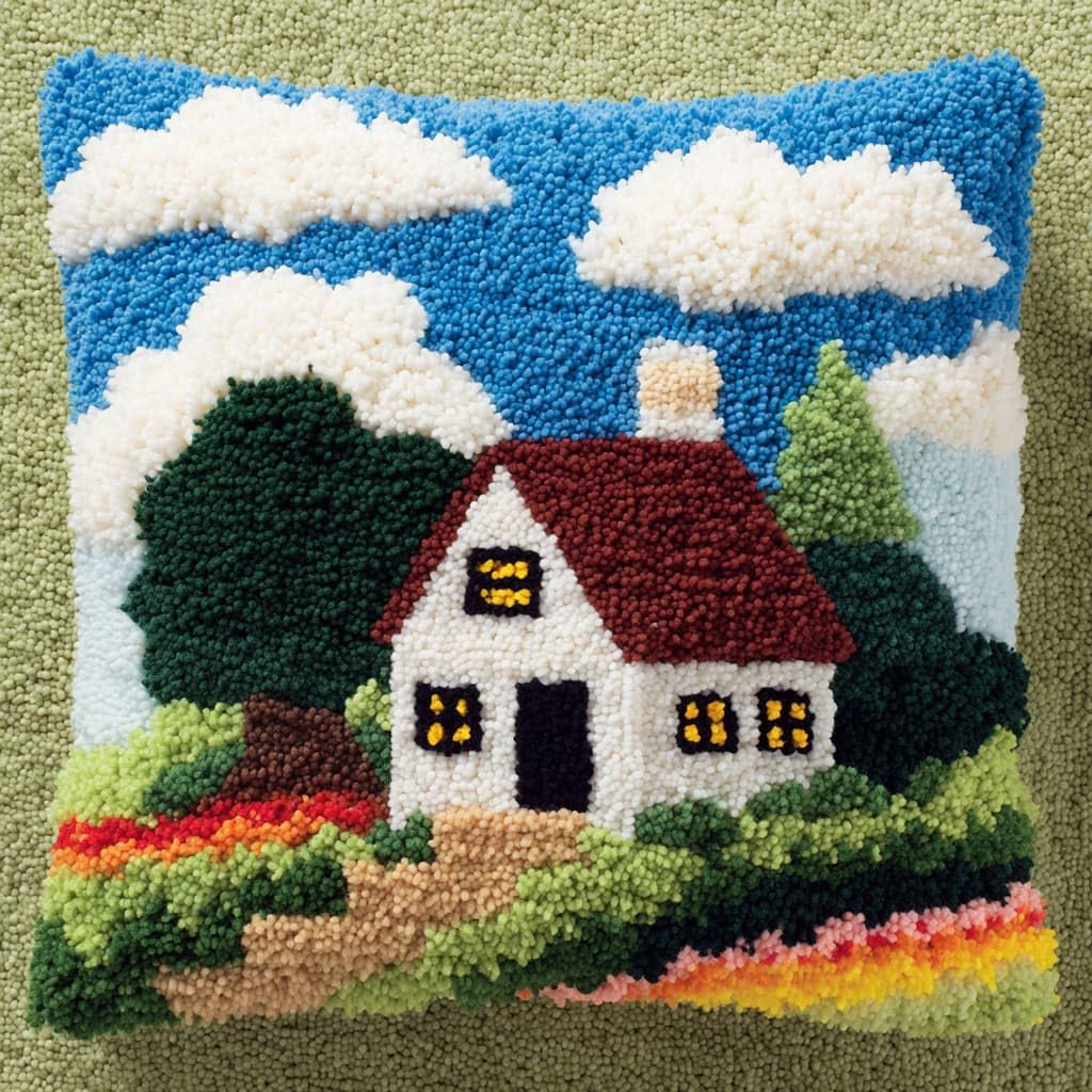 Henypt Latch Hook Pillow Case Kits, Country Cottage