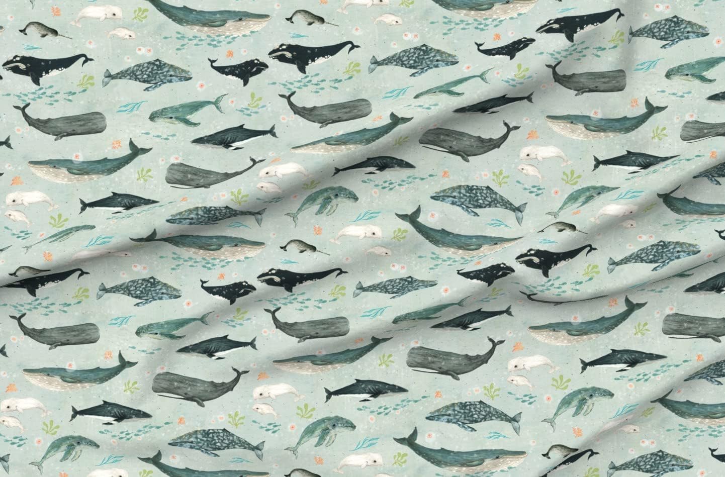 Spoonflower Fabric - Whales Green Blue Orange Fish Sea Ocean Jellyfish Pod Whale Humpback Printed on Organic Cotton Sateen Fabric by The Yard - Sewing Quilting Apparel Home Decor