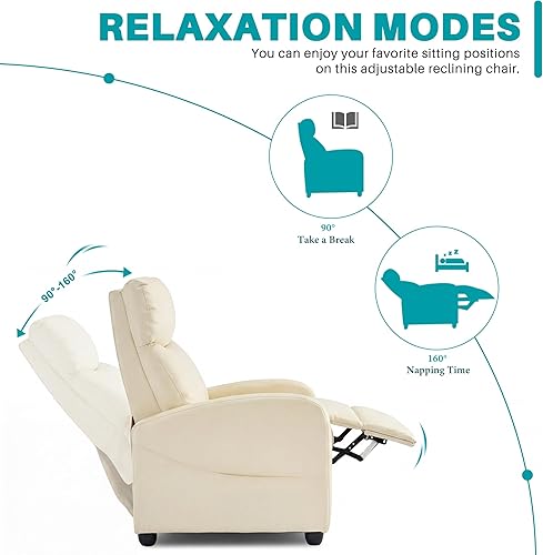 Miniatura 7 de Sweetcrispy Silla reclinable de tela, sin masaje, asiento de cine en casa con soporte lumbar, respaldo ajustable, relleno de esponja de alta Beige
