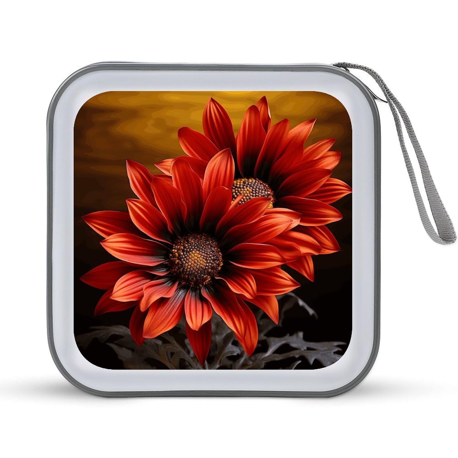 VstaDank - 40 Capacity Red Sunflower CD Case, with Zipper Disc Storage Organizer, Portable Hard Plastic Storage CD Holder, Wallet Organizer