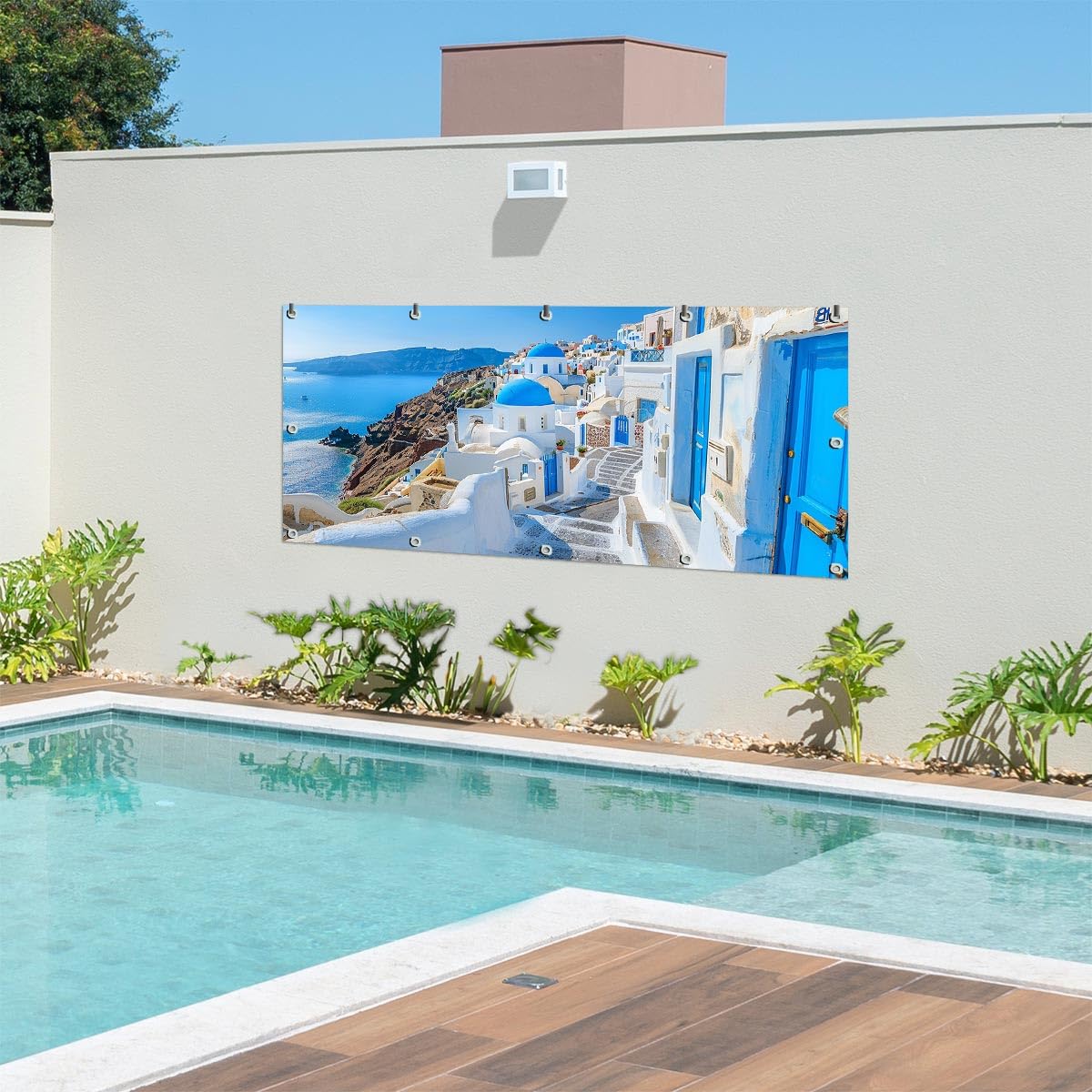 TRIOSK Sichtschutz Balkon Deko Plane Balkonblende Blickdicht mit Motiv Küstenweg Santorini Griechenland für Garten Terrasse Gartenzaun Balkonverkleidung Blickschutz PVC groß 200x100 cm