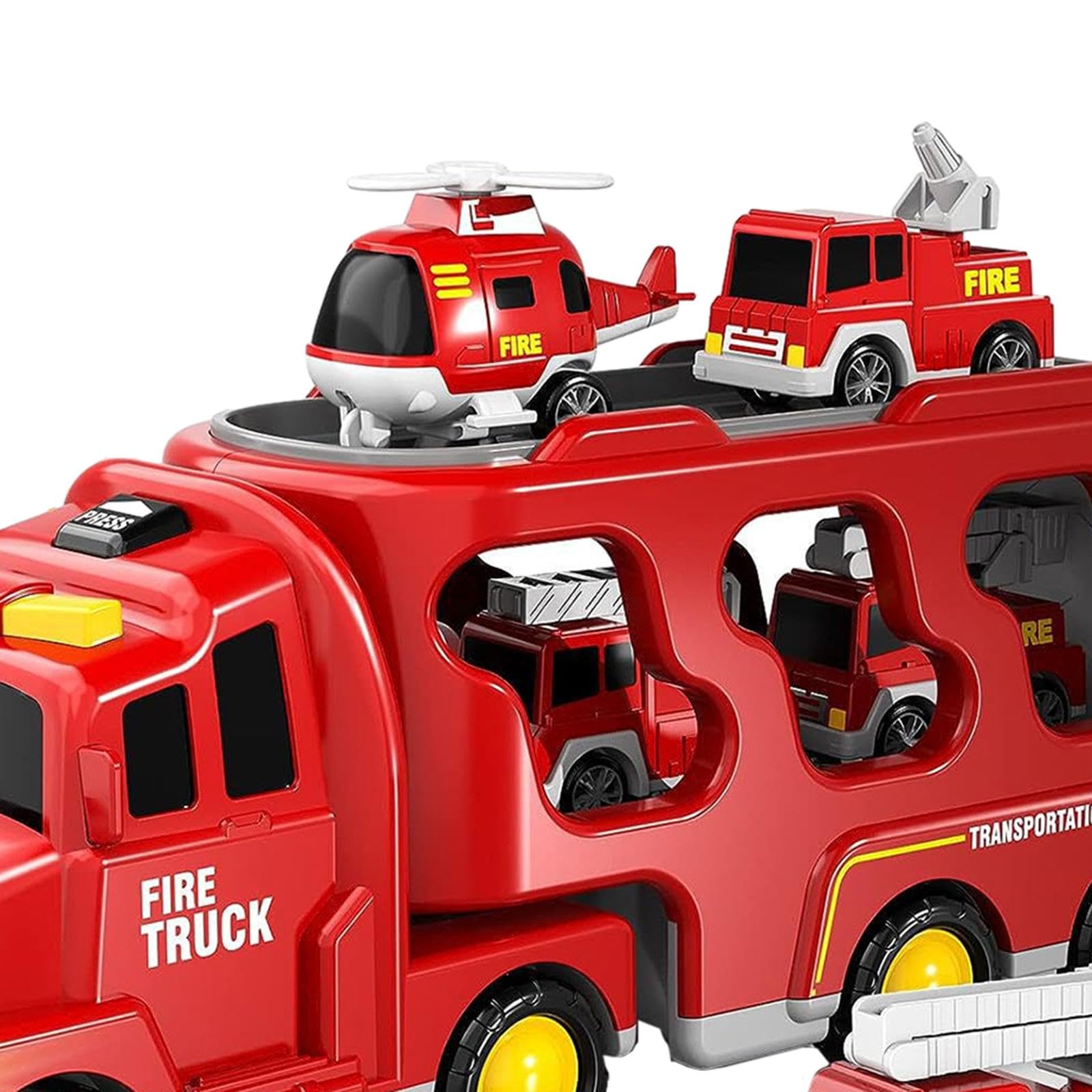 7 Stück Feuerwehrauto Spielzeug Set Mini Diecast Autos Transporter Friktionsgetrieben mit Licht Musik Notfallfahrzeug Aufbewahrung für Geschenk Frühes, Rot