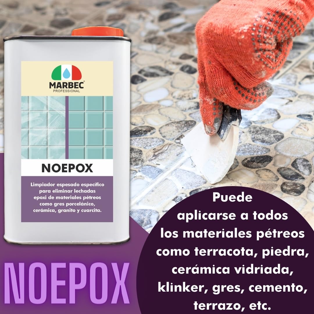 MARBEC NOEPOX 1LT + TAMPÓN NEGRO Limpiador espeso específico para eliminar residuos y manchas de lechadas epoxi en gres, cerámicas, granitos y cuarcitas.
