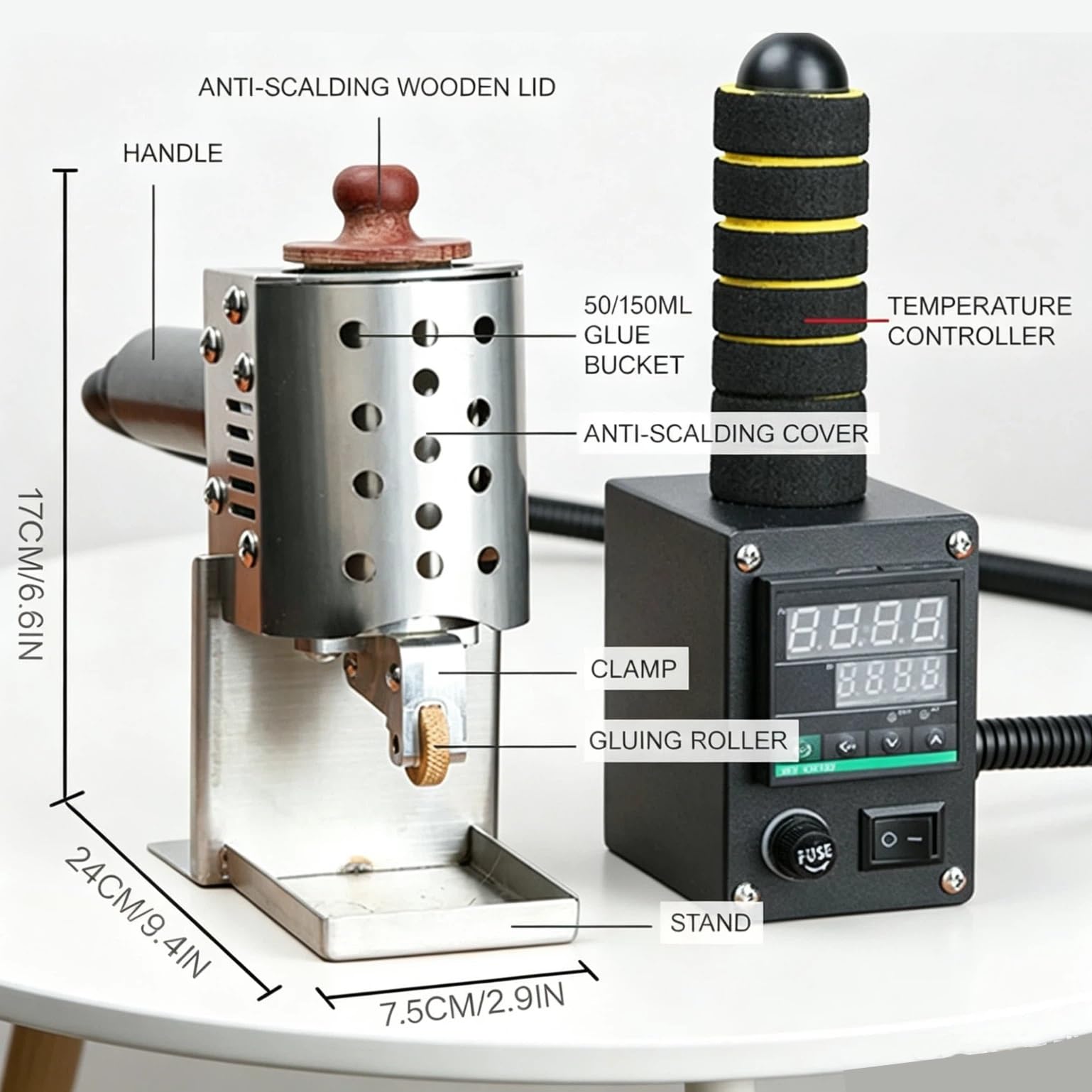 Dispenser a rullo per colla a caldo, temperatura regolabile 50-300 ℃, macchina per incollaggio commerciale per imballaggio di tessuti e incollaggio in pelle con rullo da 8 mm