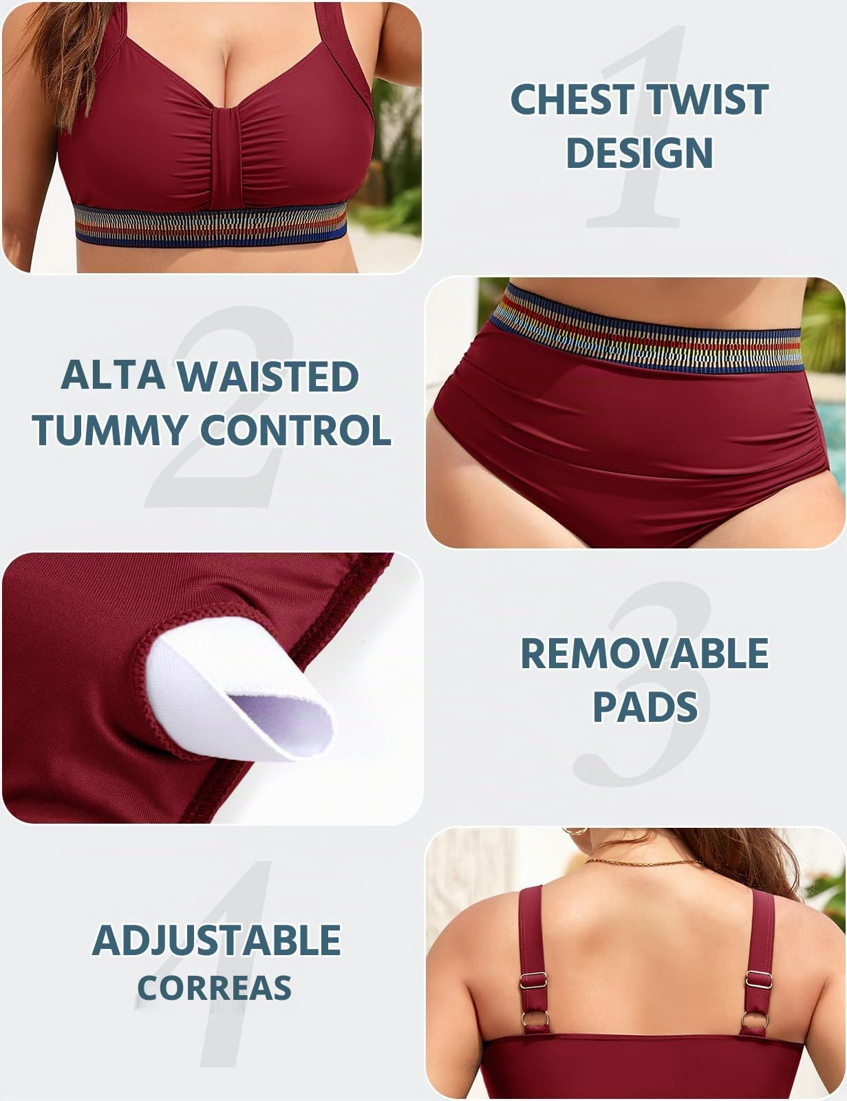 Conjunto de Bikini Mujer Talla Grande Cintura Alta con Diseño Cruzado en Pecho, Aro Extraíble, Tirantes Ajustables y Detalles de Cintas Coloridas, Control de Barriga