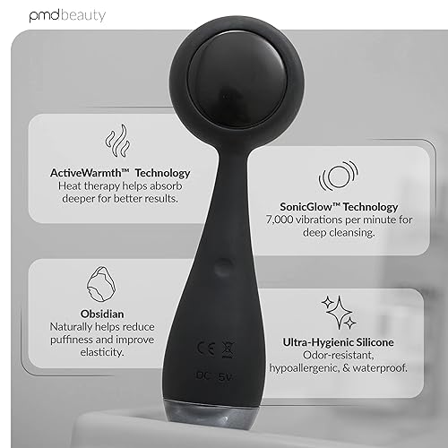 Miniatura 2 de PMD Clean Pro OB - Dispositivo de limpieza facial inteligente con cepillo de silicona y gemas de obsidiana activeWarmth antienvejecimiento -