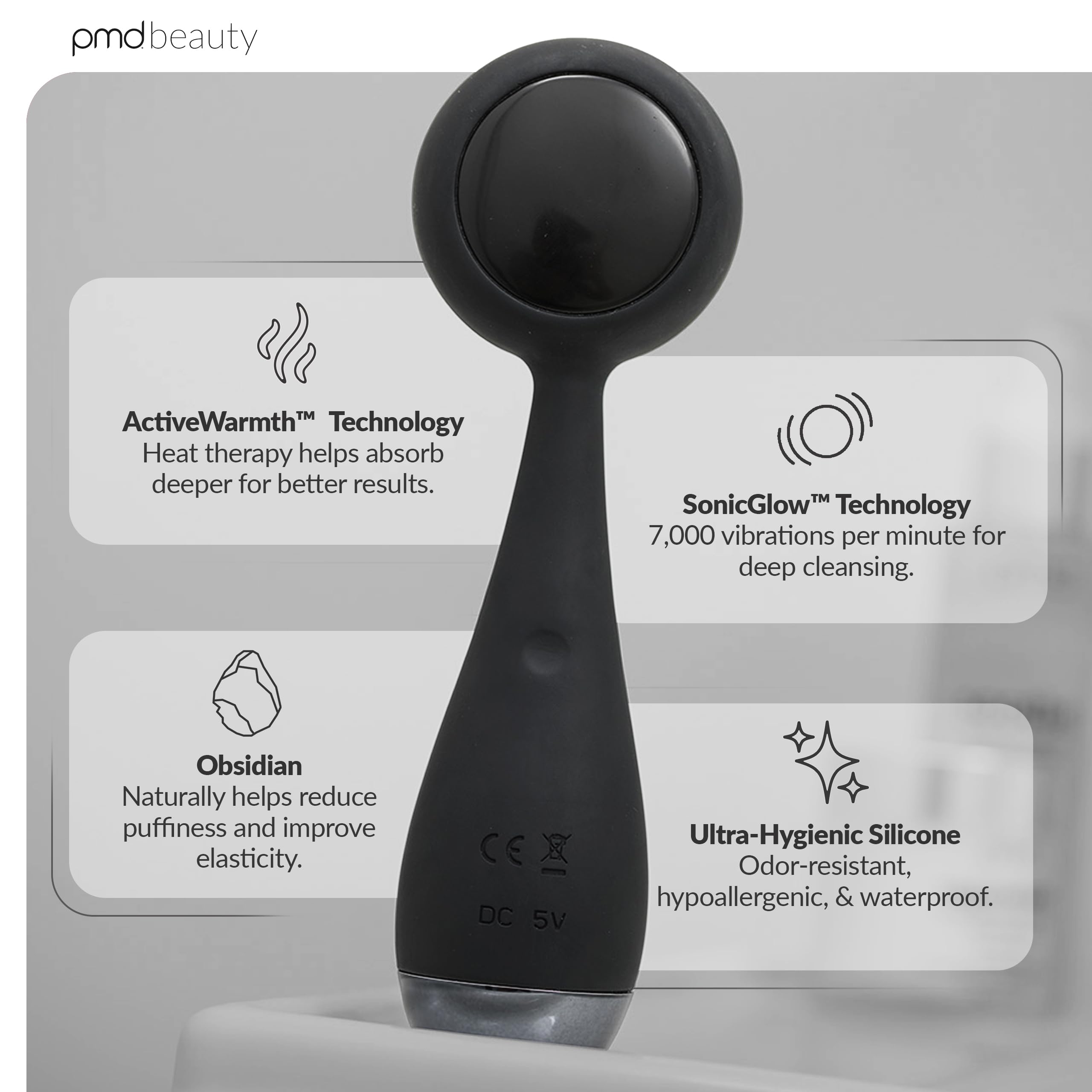 PMD Beauty Clean Pro - Electric Facial Cleansing Brush, Smart Facial Device with Silicone Brush & Heated Anti-Aging Aluminum, Gemstone, Precious Metal Massager