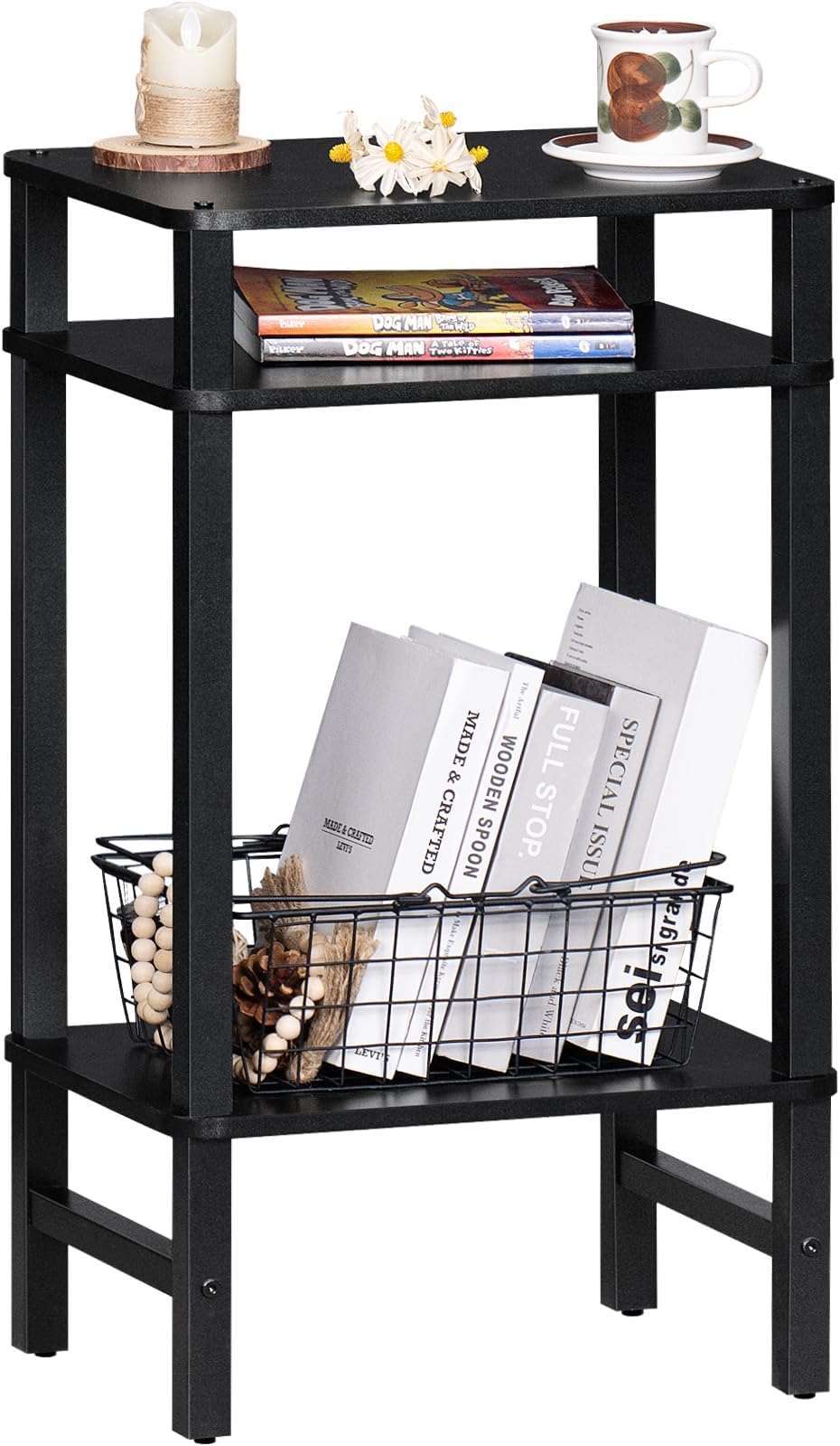 YUFAM 28in Tall Side Table 3-Tier Small Narrow End Table for Couch, Skinny Nightstand for Small Space, Farmhouse Slim Night Stand with Storage, Wooden Frame Thin Bedside Table, for Living Room, Black