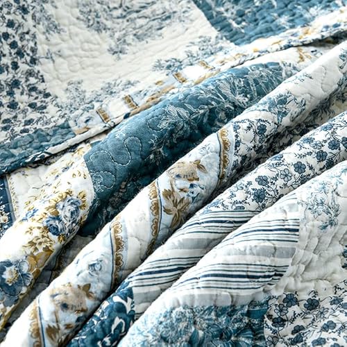 Visimisi Cotton Bedspread Quilt Sets Reversible Coverlet Sets Comforters Patchwork Bedspread (Blue Vintage Floral, King Size) #TOP7
