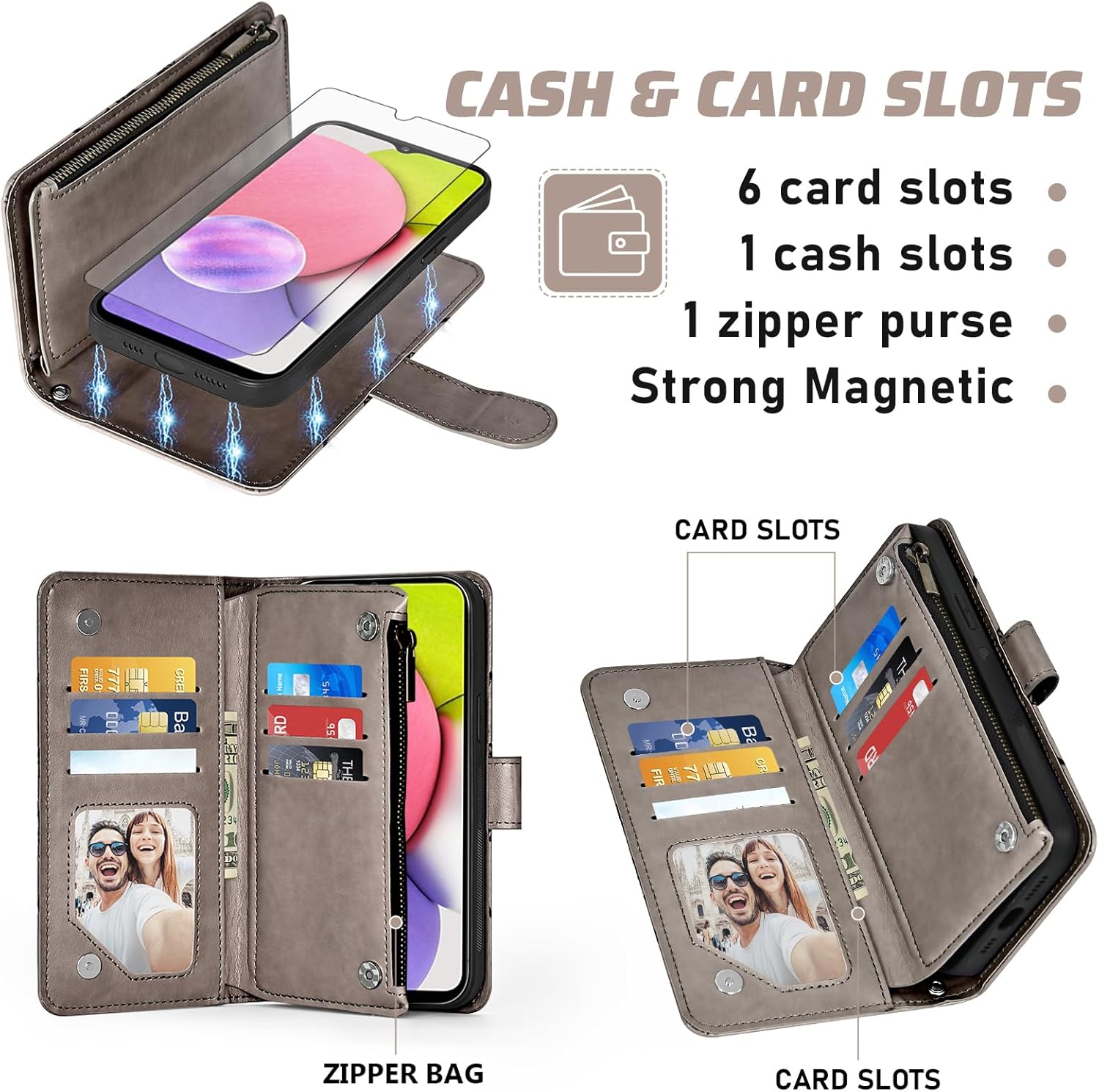 Phone Case for Samsung Galaxy A03s US Version 5G 2022 Zipper Wallet Magnetic Detachable Cover with Screen Protector Crossbody Lanyard Strap Flip Card Holder Slot Ao3s A 03s SM-A037U SM A037U Gray