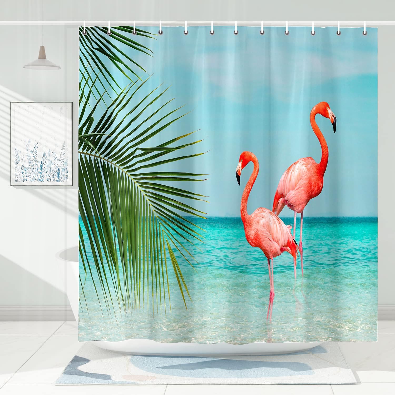 Beach Shower Curtain with Flamingo, Blue Teal Sea Pink Flamingo Bath Curtain Tropical Theme Nautical Ocean Shower Curtain Set with Hooks, 70X85IN