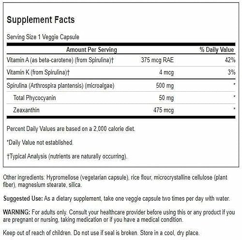 Miniatura 2 de Swanson Std Spirulina Algas Azul-Verde 10% Ficocianina 500 Miligramos 90 Cápsulas Vegetales