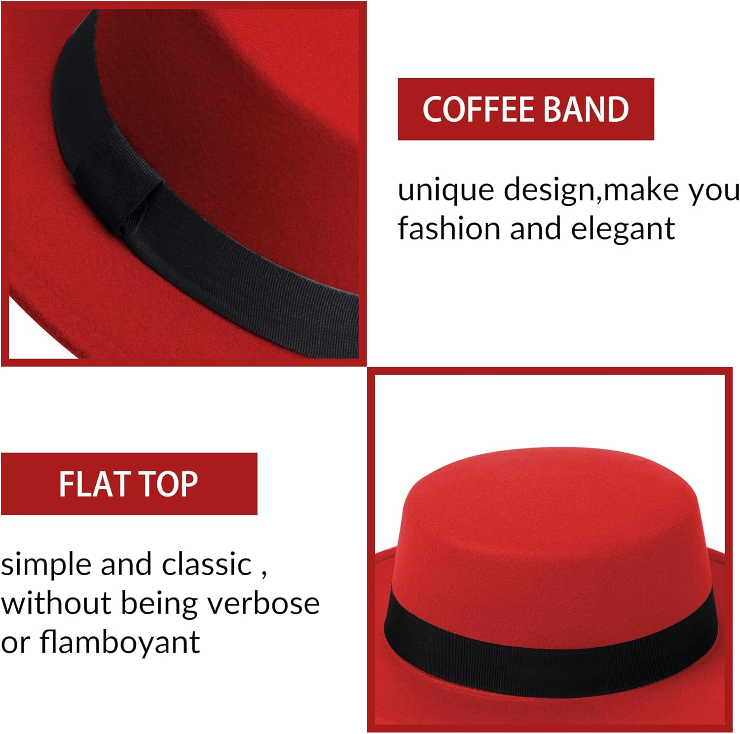Classic Fedora Hat Flat Top Hat Felt Pork Pie Hat Wide Brim Church Derby Cap for Women and Men - Image 4