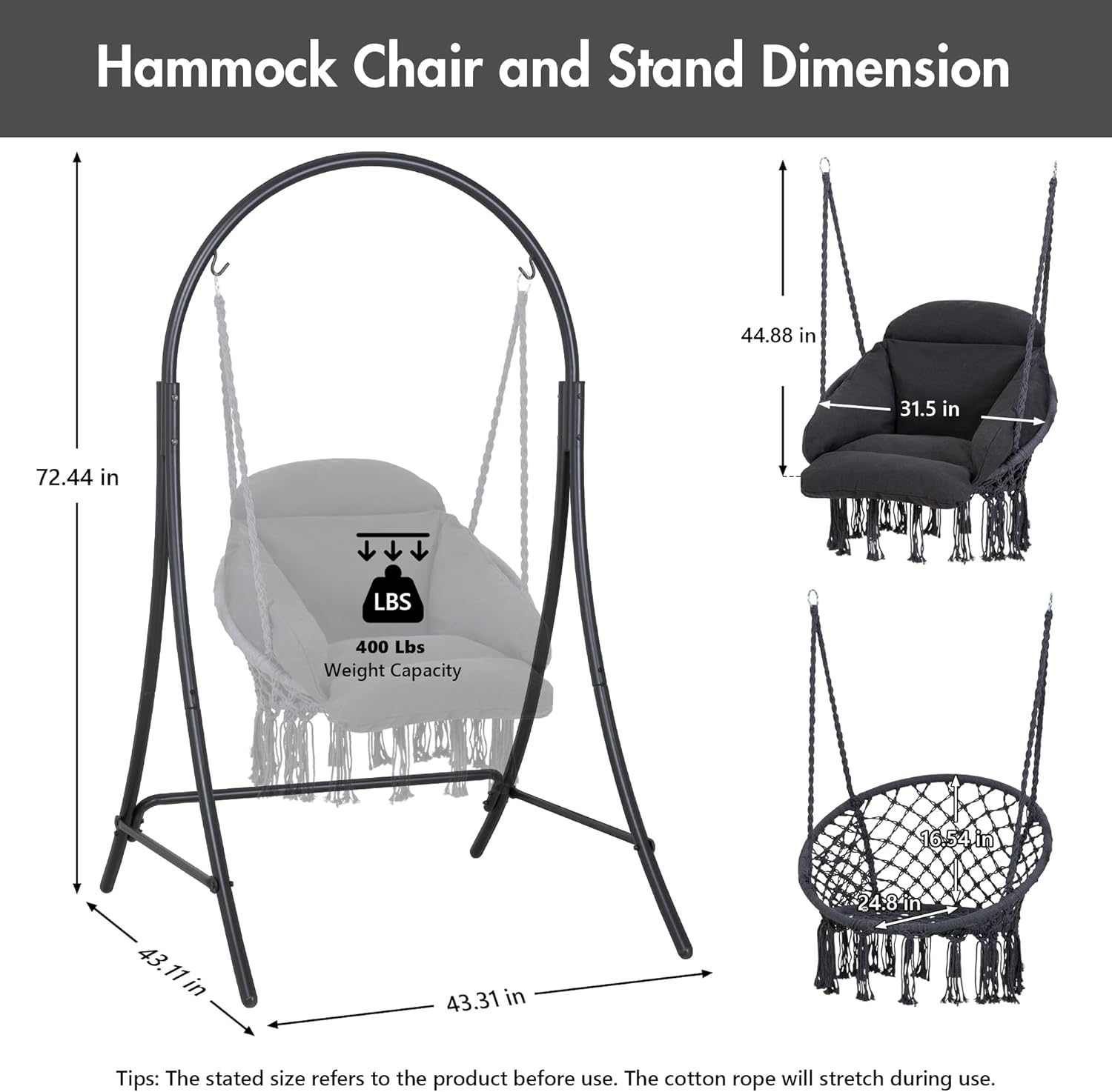 ANOW Hanging Swing Chair with Stand Included, Heavy Duty Hammock Chair with Stand and Removable Padded Cushion, Max 400 Lbs, Dark Grey 5 71VcCSvdmyL. AC SL1500