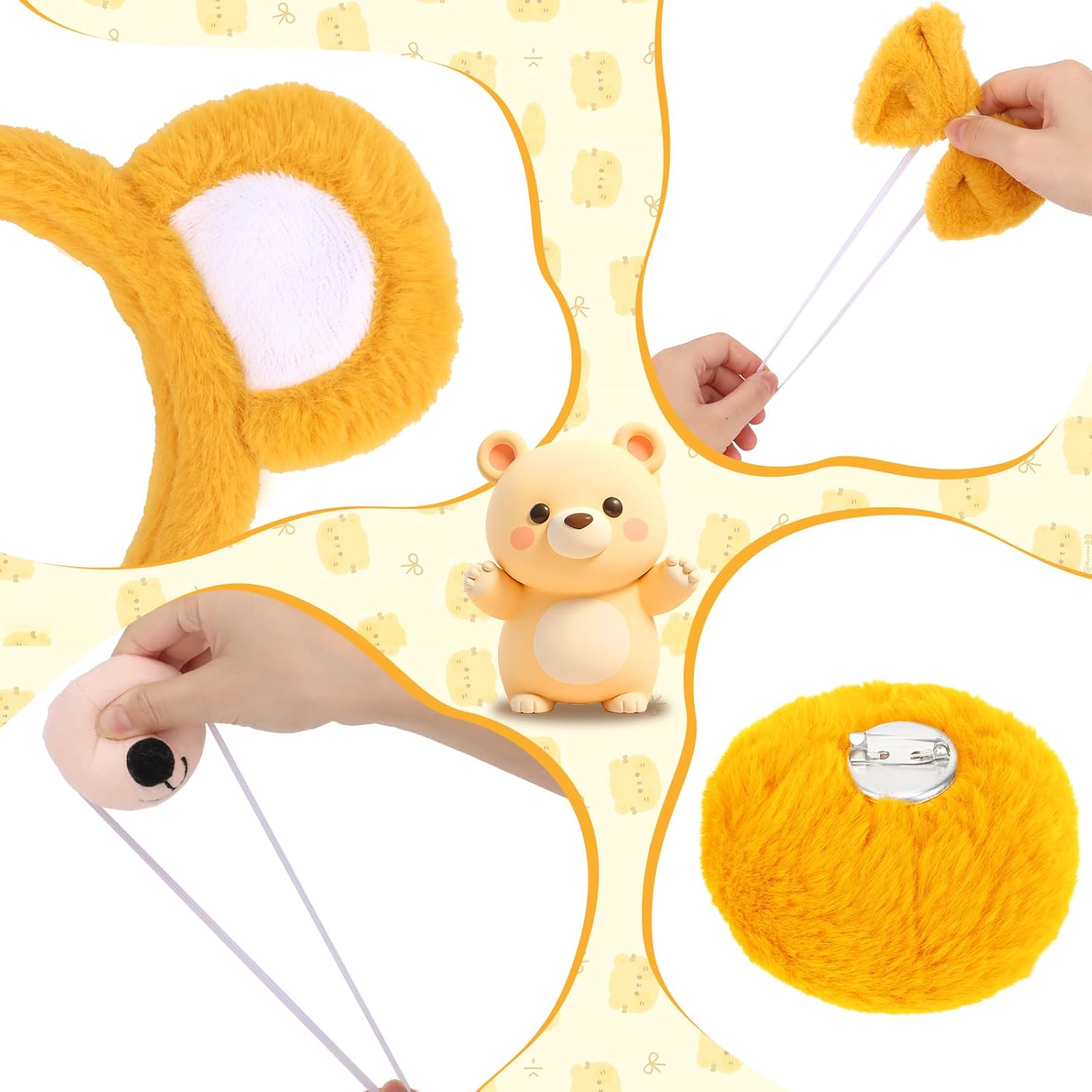 Jaciya Bear Ears Headband Set for Women - Bear Costume Accessories with Nose Bow Tail(Yellow) - Image 4