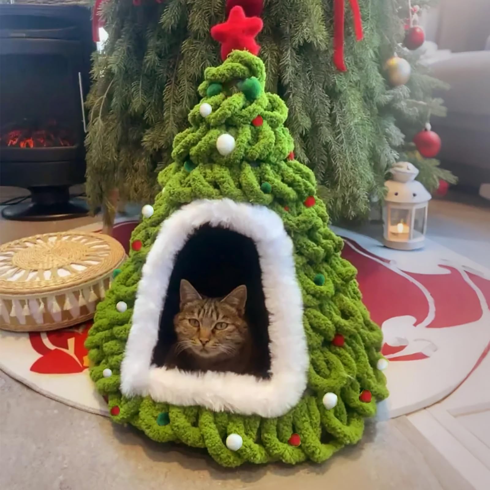 DIY Christmas Tree Cat Bed with Materials,Christmas Pet Tree House Package, DIY Felt Xmas Cave