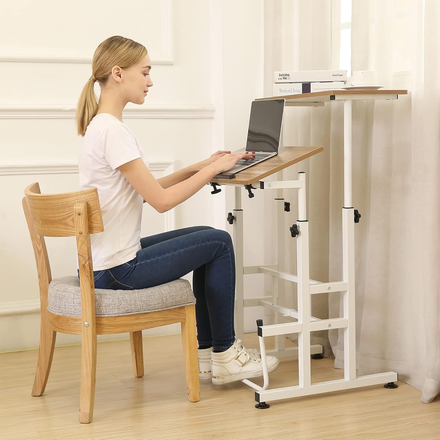 SDADI L101XWFDT Adjustable-Height Steel-Framed Mobile Standing Office Computer Desk with 2 Tiers and Lockable Caster Wheels, Dark Grain