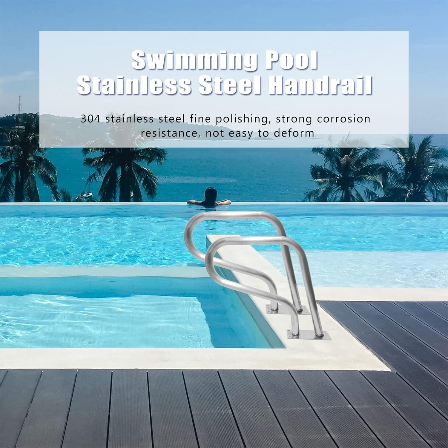 304 Stainless Steel Swimming Pool Handrail, Easy Mount Pool Railings Ramp Stair Rail with Quick Mount Base for Inground Pool Entry
