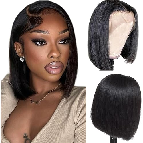 Bob Wig Human Hair Lace Front Glueless Wigs for Black Women Pre Plucked 150% Density 100% Brazilian Virgin Human Hair (13x4 Lace Front Bob Wigs, 14 Inch)