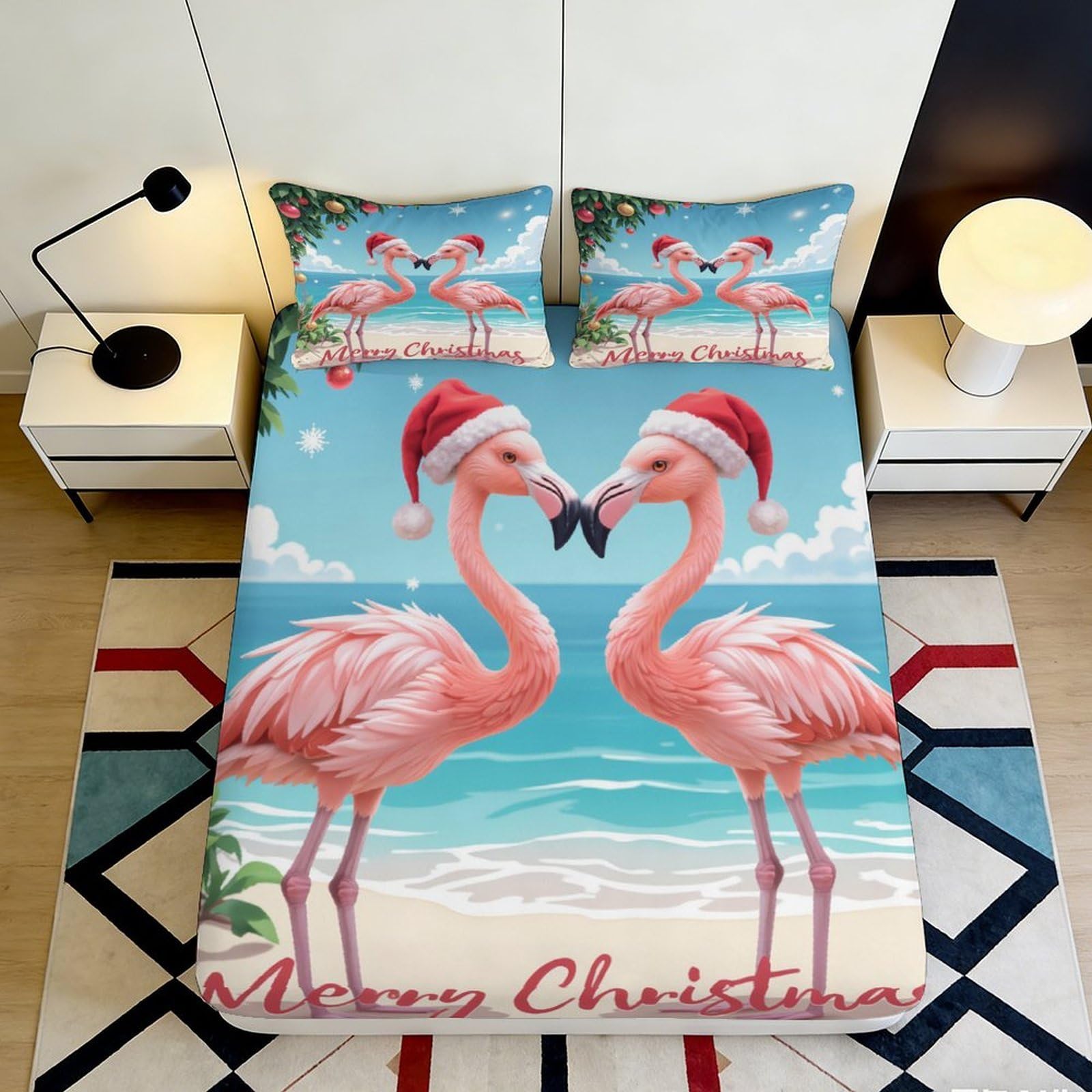 3D Printed Flamingo Beach Fitted Sheet Microfiber Soft Blue Christmas Hat Mattress Cover for Bedroom Dorm Guest Room Decor 90x200x25cm