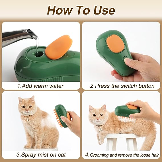 Cat Steam Brush, 3 in 1 Cat Steamy Brush, Silicone Massage Grooming Comb, Pet Hair Cleaning Misting Comb for Kittens(Avocado Green)