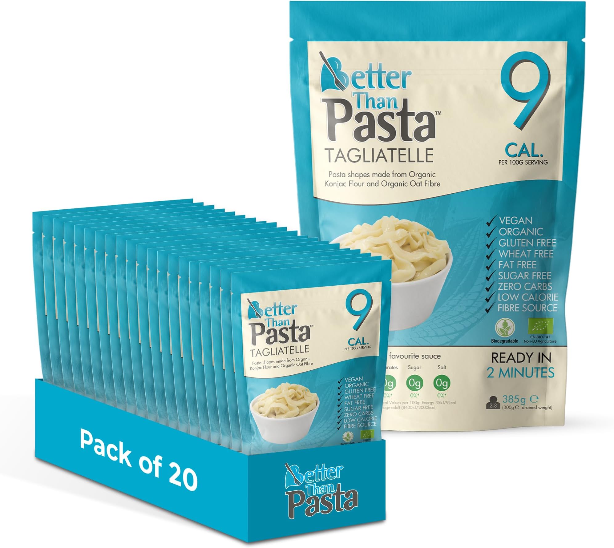 Tagliatelle (Pack of 20, 385g Each) Zero Carbohydrate | Made from Organic Konjac Flour | Keto Paleo Diet and Vegan | Zero Sugar and Low Calorie Food