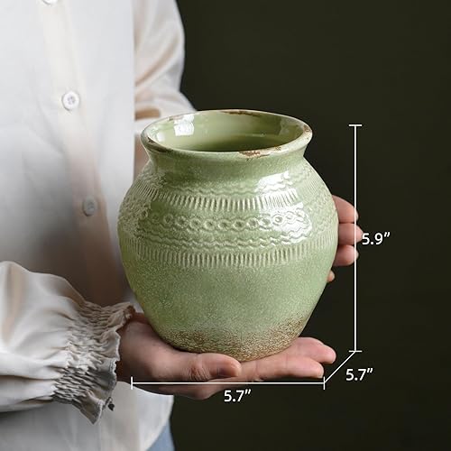 Miniatura 5 de Quoowiit Jarrón rústico de cerámica para granja, florero verde envejecido para decoración del hogar, jarrones decorativos bohemios para decoración