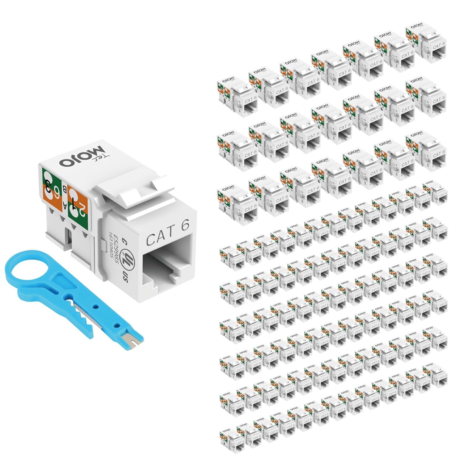 Tecmojo UL Listed 1000 Mbps Cat6 Keystone Jack Insert 100 -Pack, 90 Degree Punch Down RJ45 Keystone Jack Adapter Slim Profile for Patch Panel & Wall Plate, White