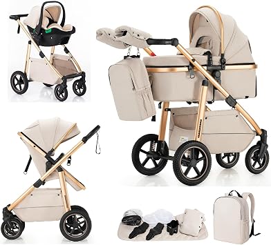 3 in 1 Stroller, Baby Stroller 3 in 1 with Adjustable Handle, Baby Pram with Lockable Front Wheels, for 22kg, 0-4 Years Beige
