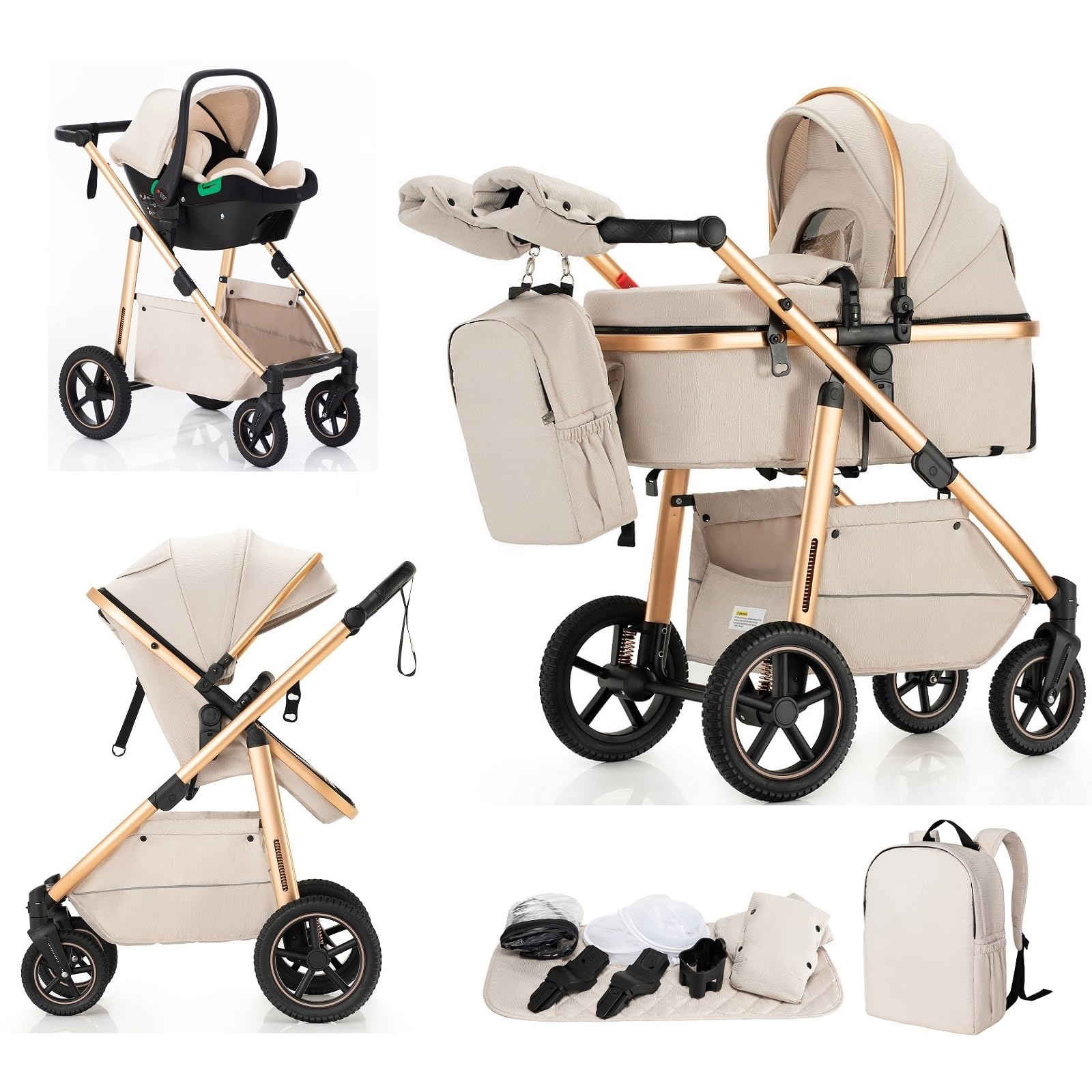 Lnhcrbs Kinderwagen 3 in 1, Kinderwagen & Buggys mit Autositz mit verstellbarem Griff, Kinderwagen mit Feststellbaren Vorderrädern, für 22 kg, 0-4 Jahre（Beige）