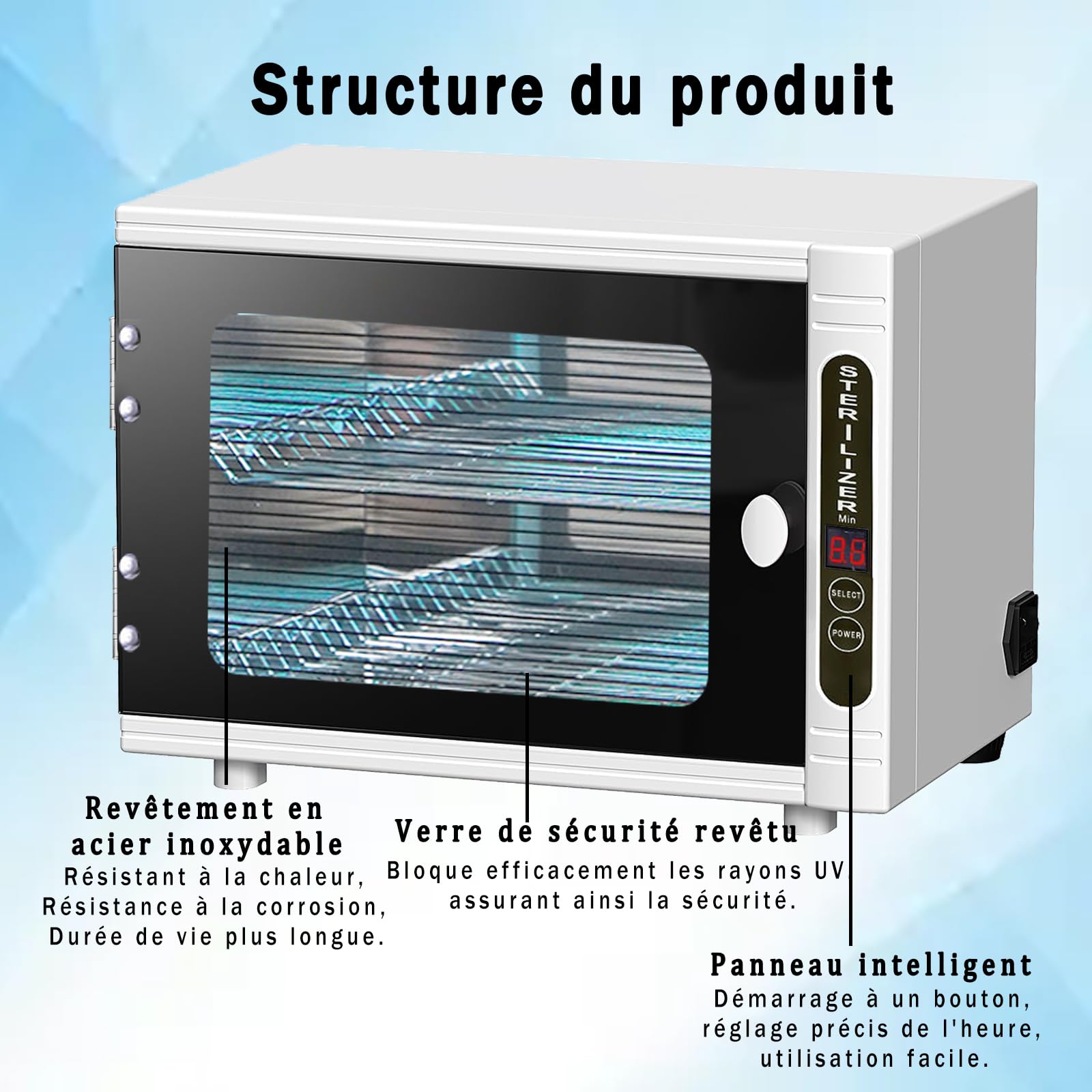 Stérilisateur UV avec minuteur, affichage numérique, désinfection LED, blanc