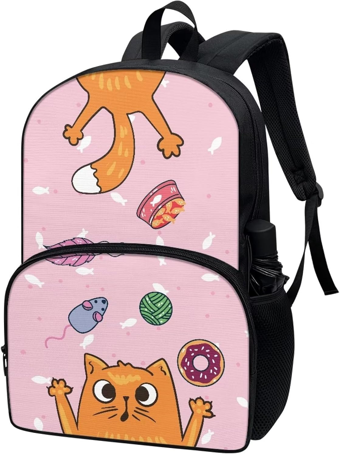 Funny Cartoon Cat Print Backpacks for Girls Student Durable Lightweight Large Capacity 17 Inch Cute Pink School Backpack Kids Double Zipper Bookbag Travel Daypack with Front Pocket
