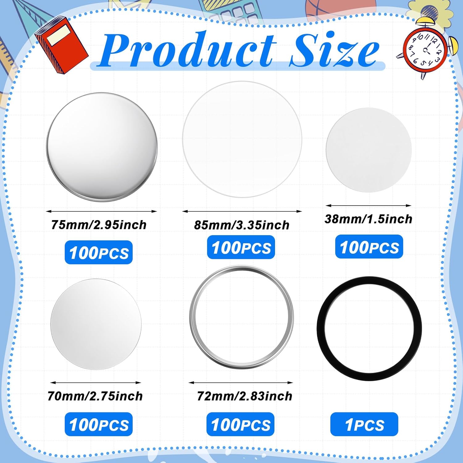 100 Sets of 3 Inch/75mm Button Making Mirror Supplies, Blank Round Buttons Supplies for Button Making Machine, Includes Tinplate Top Cover, Mirror Bottom, Circle, Plastic Film