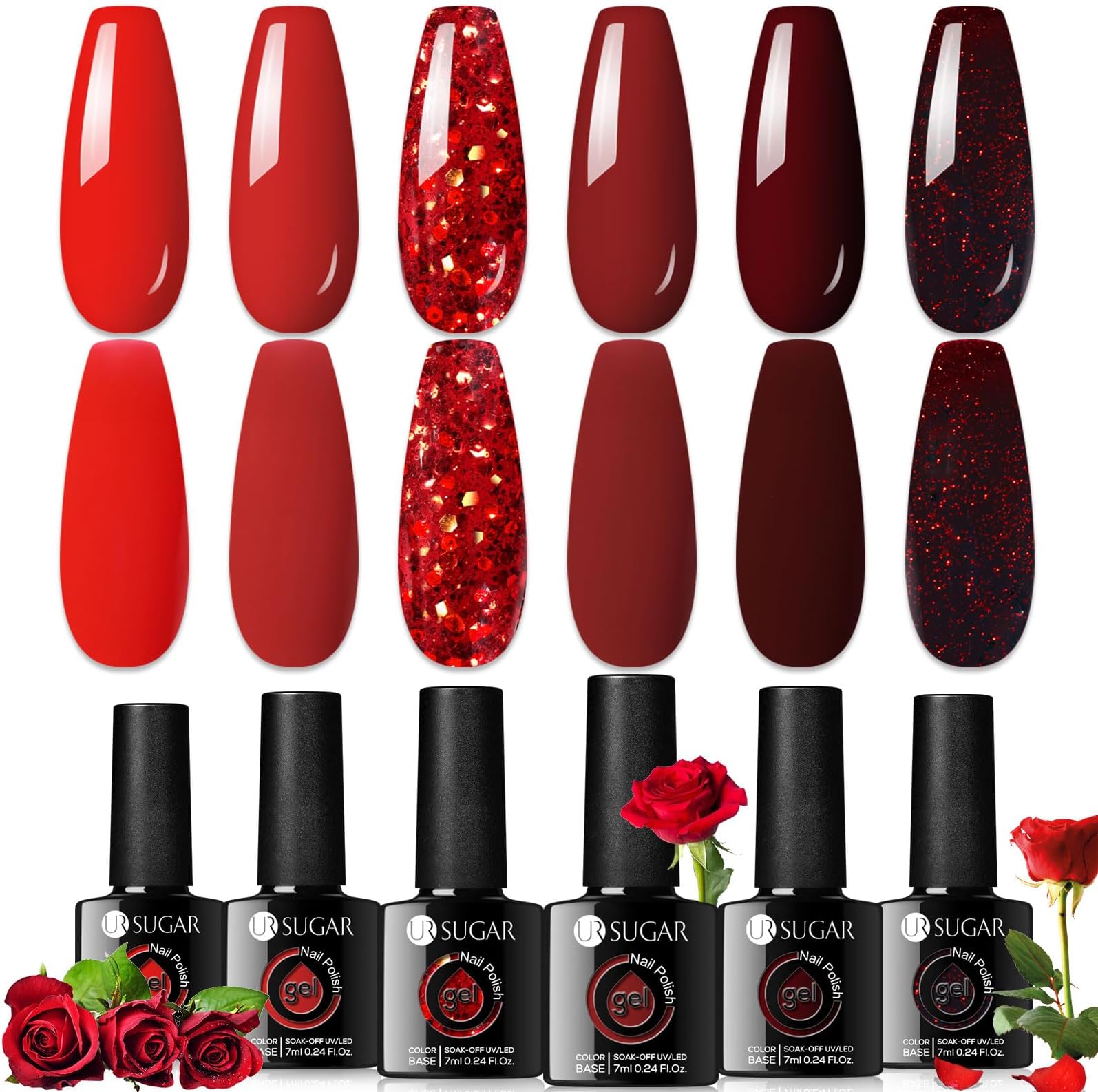 UR SUGAR 6 Colours Red Glitter Gel Nail Polish Set 7ml UV LED Varnish