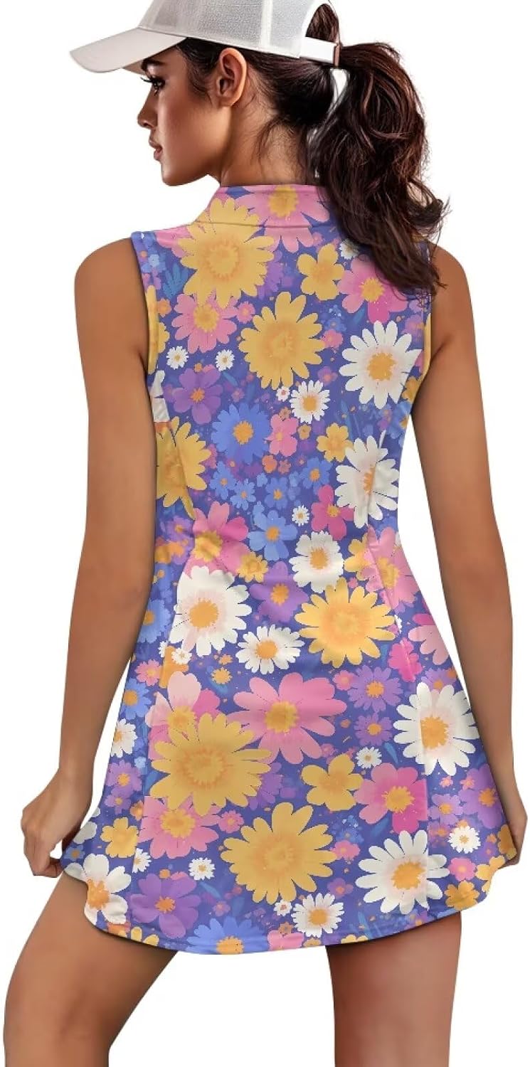 Women Athletic Dress Tennis Active Workout Sleeveless Summer Mini Golf Polo Dresses Built in Shorts with Pockets