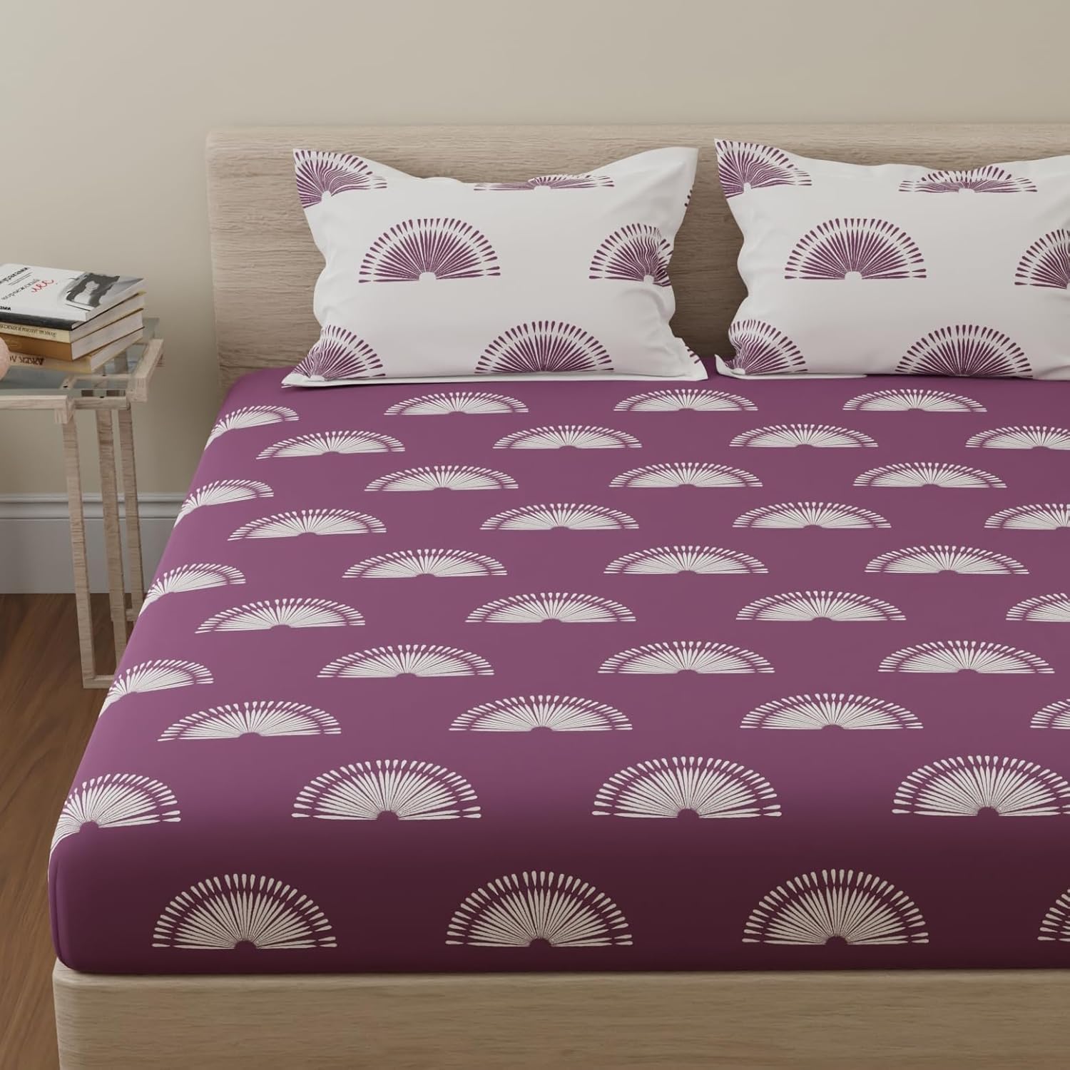 Huesland Cotton Bed Sheets - King Size, Purple & White -1