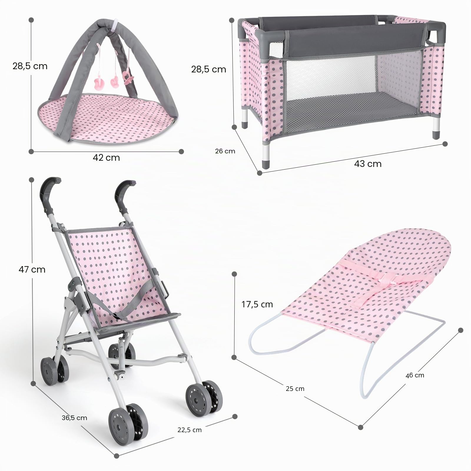 deAO Poussette pour poupée, lit de poupée, kit de Jeu de rôle pour Chambre d'enfant avec Accessoires et Tapis de Jeu, lit de Voyage, transat Pliable, Poussette et Sac de Voyage - Cadeaux pour Filles