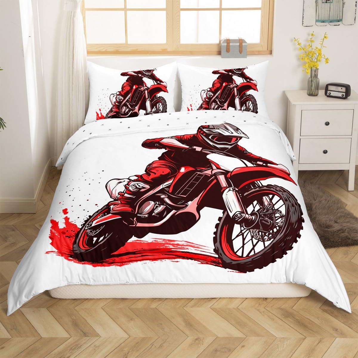Loussiesd Graffiti Dirt Bike Duvet Cover Set Cot Size For Kids Boys Teens Men Extreme Sports Bedding Set Racing Motocross Rider Comforter Cover with 1 Pillowcase Red Motorbike Pattern โ image 1